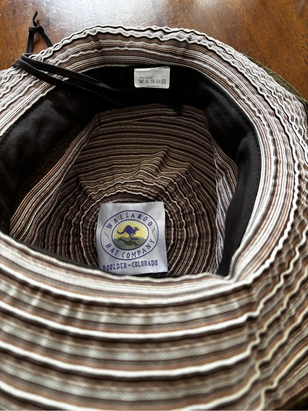 Wallaroo Ginger adjustable Olive & Brown Striped Sun Hat worn once